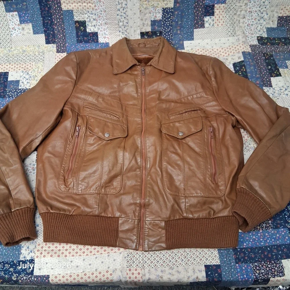 Vintage 80s Bermans Mens 48X Tan Leather Utility Bomber Removable Liner